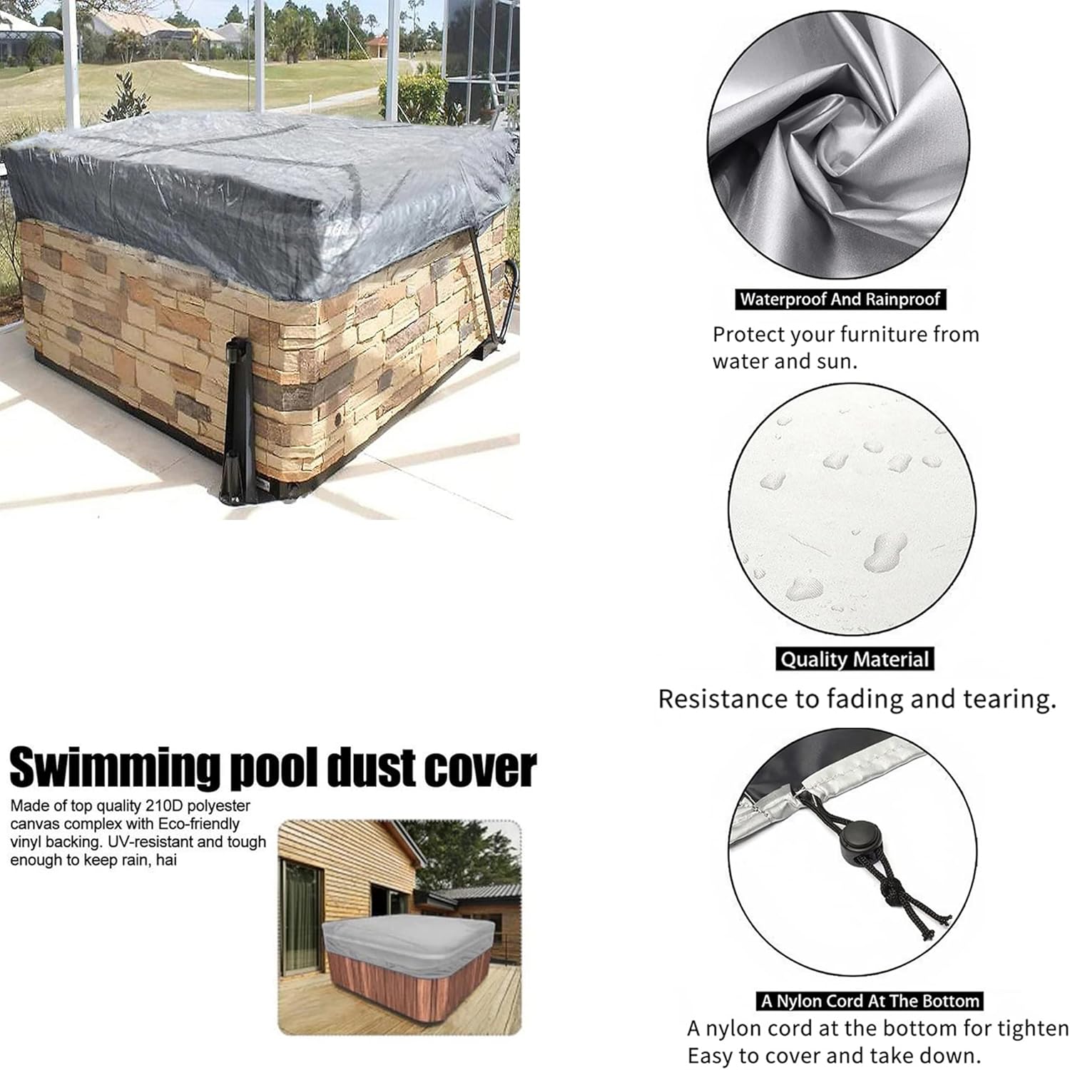 Housse de Bain à Remous Carrée Couverture Anti-poussière de Piscine Couvertures de Spa Extérieur Imperméables pour Baignoire—220×220×30cm - 4
