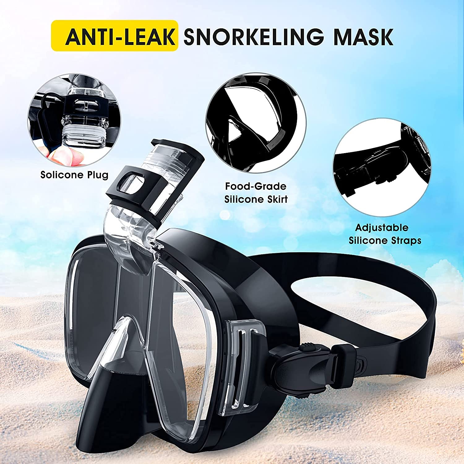 Masque de plongée et tuba en silicone antibuée, équipement de snorkeling panoramique, adapté à la natation et au snorkeling, noir - 4