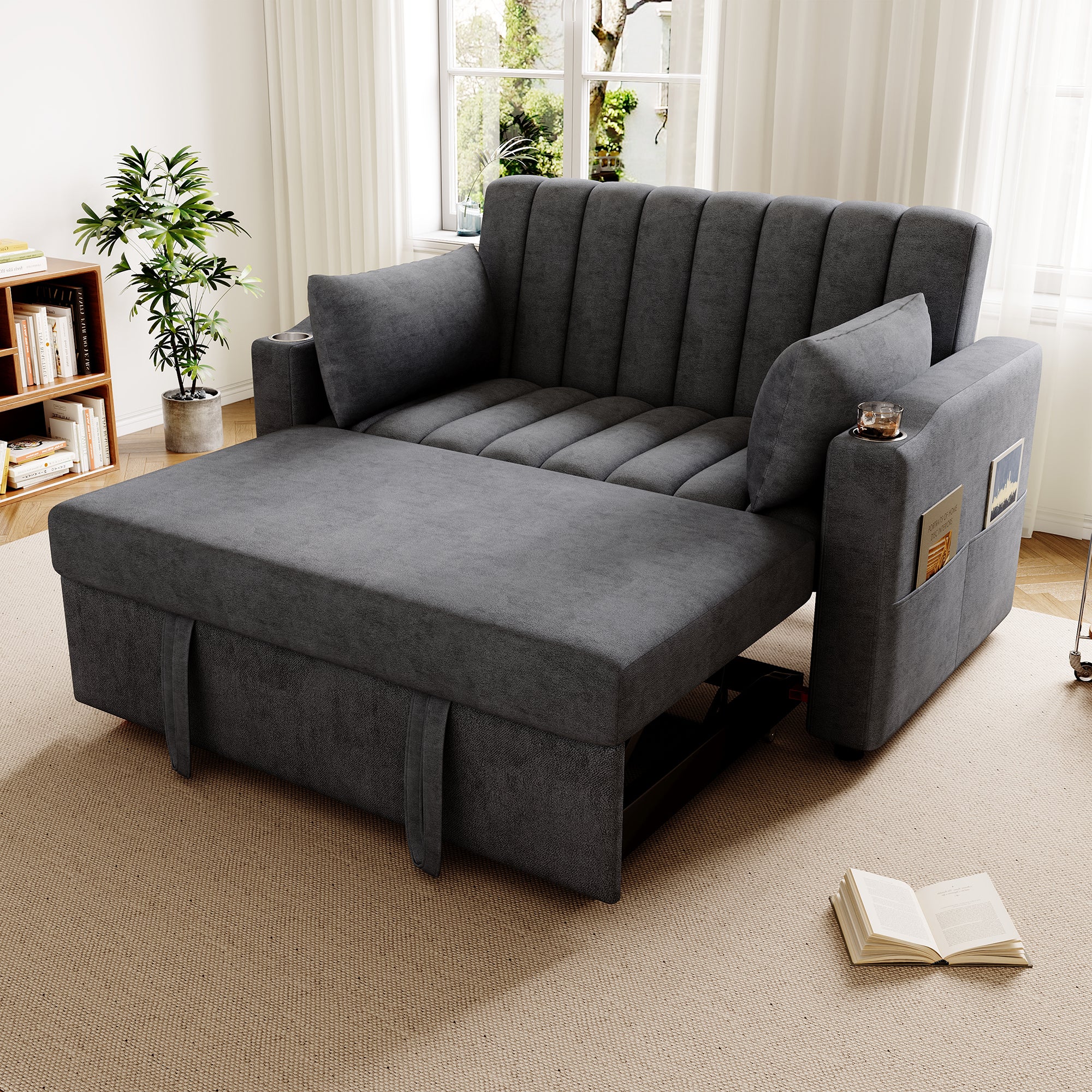 Nowoczesna sofa 2-osobowa z uchwytami na kubki i poduszkami - Beżowa