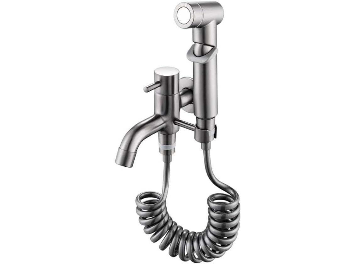 Bateria umywalkowa balkonowa, w całości miedziana, z wyciąganą wylewką, wąż sprężynowy 3 m - 1 zestaw, szary