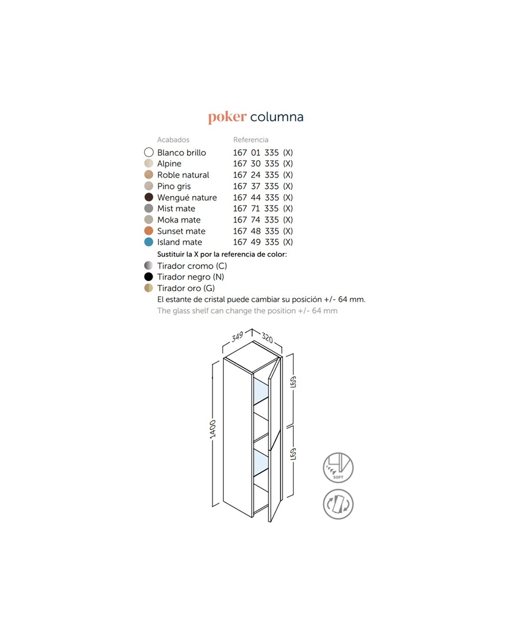 Poker Bagno Sospeso Colonna 1 Porta | Armadietto alto per bagno COLORE 140cm Alto x 34,9cm Largo x 32cm Profondo - 2