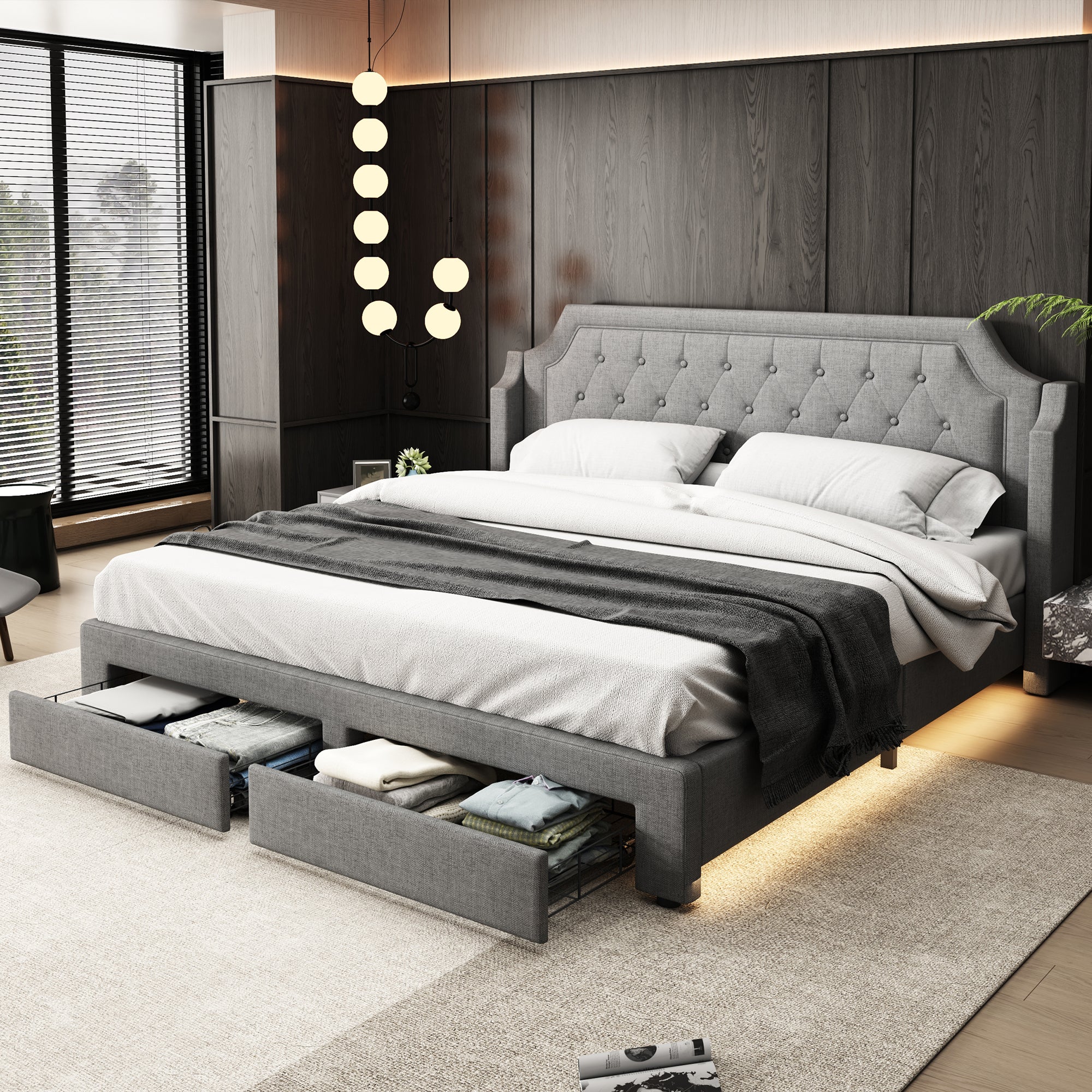 Łóżko z 2 szufladami - 180 x 200 cm - LED - tkanina lniana - stelaż z listew - szare