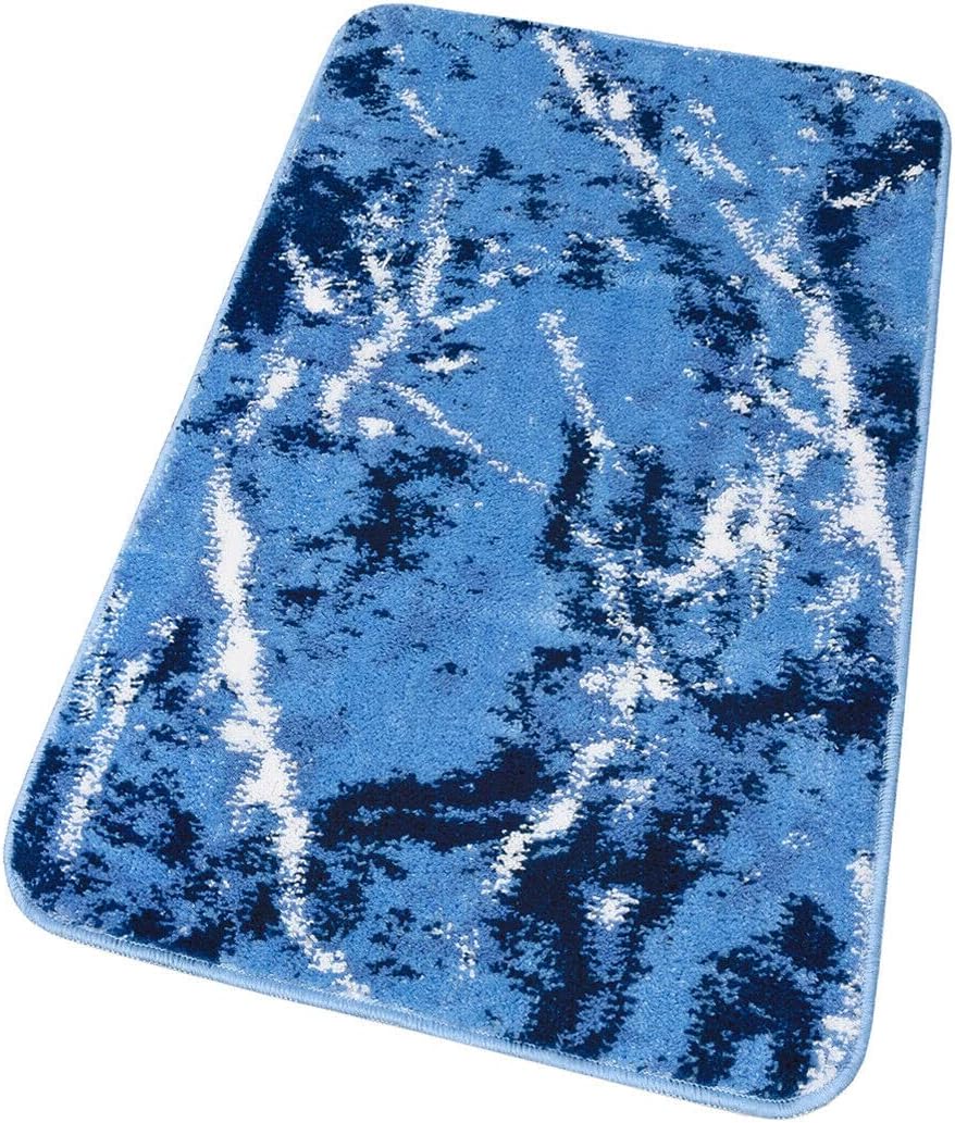 Tapis de Salle de Bain Moderne 60x120 cm Effet Marbre Tapis de Chevet Shaggy Doux et Antidérapant Bleu - 6