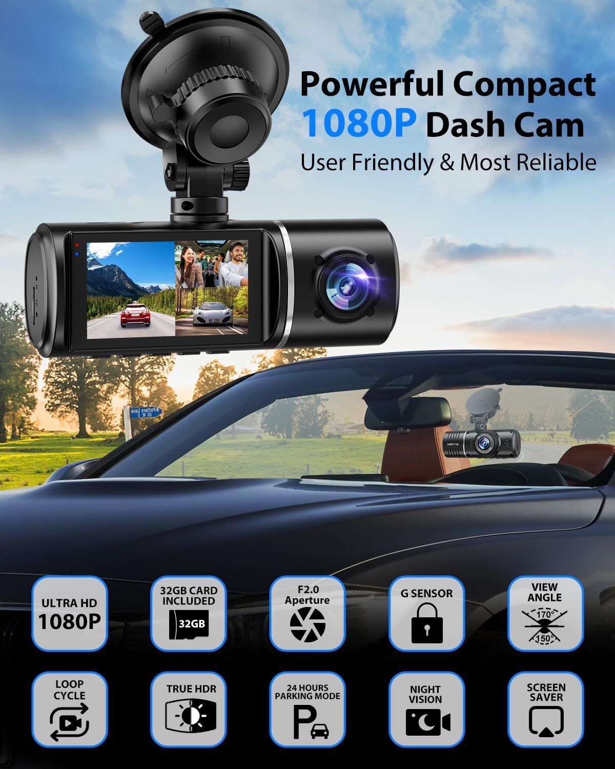 Dash Cam Avant & Arrière 1080P, Caméra Voiture 3 Canaux 32 Go : Vision Nocturne, Enregistrement Boucle, Stationnement 24h, Capteur G - 3