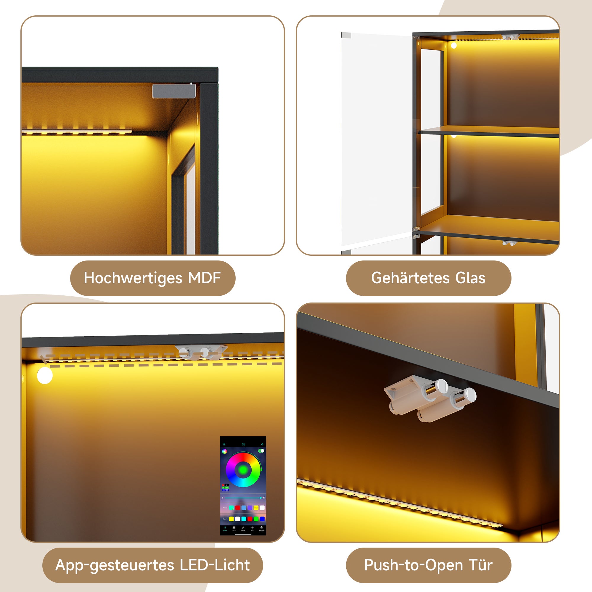 Witryna z 4 drzwiami - 80 x 35 x 170 cm - Płyta MDF i szkło - Uchwyty metalowe - Oświetlenie LED sterowane za pomocą aplikacji - Czarny - 8