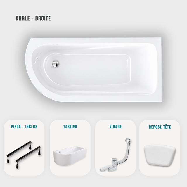 Baignoire d'angle asymétrique droite 170 x 75 cm - blanc - tablier, pieds, vidage chrome, repose - tête - OASIS