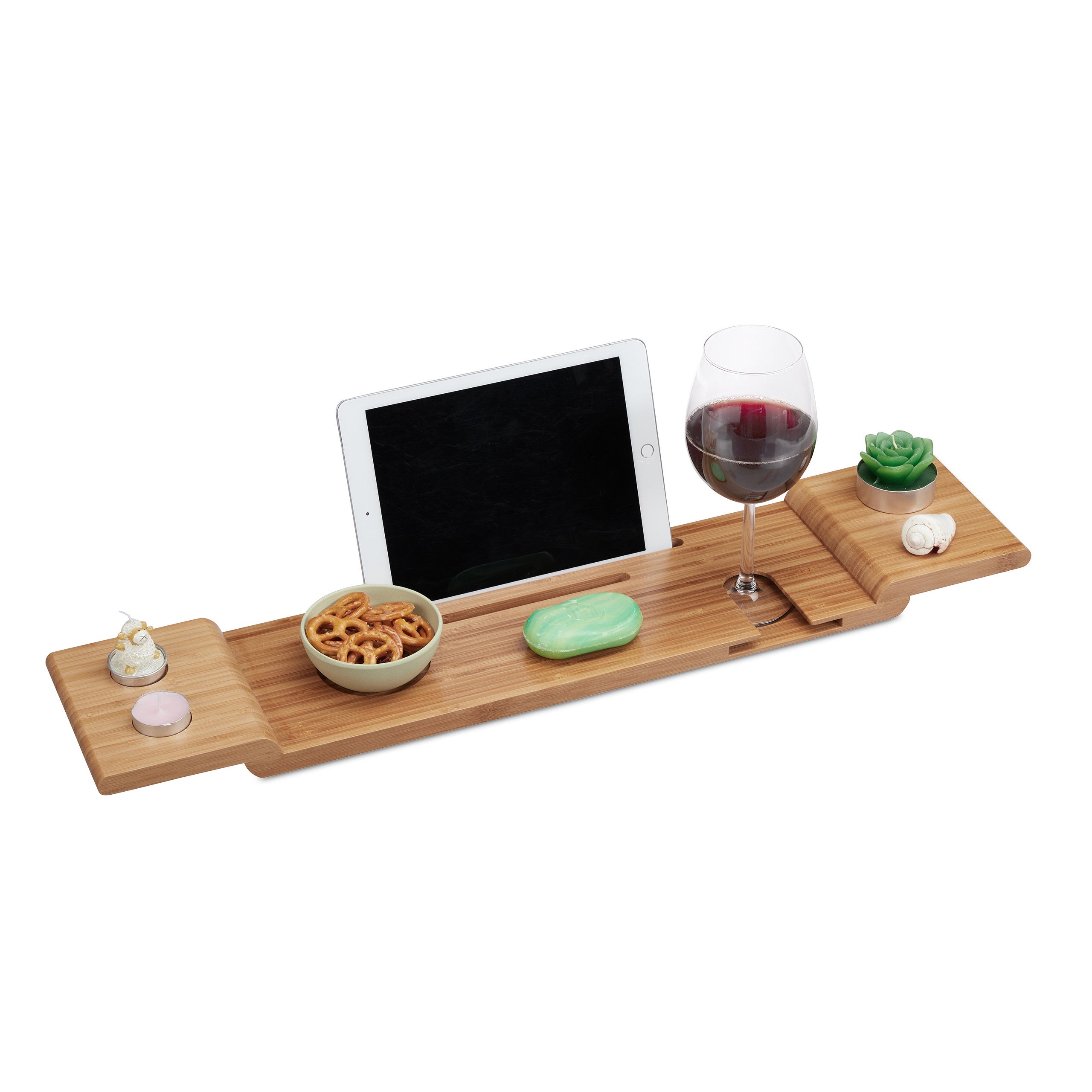 Pont De Baignoire Bambou 70cm - Tablette Salle De Bain Naturelle Avec Porte-Verre Et Supports Tablette/Téléphone