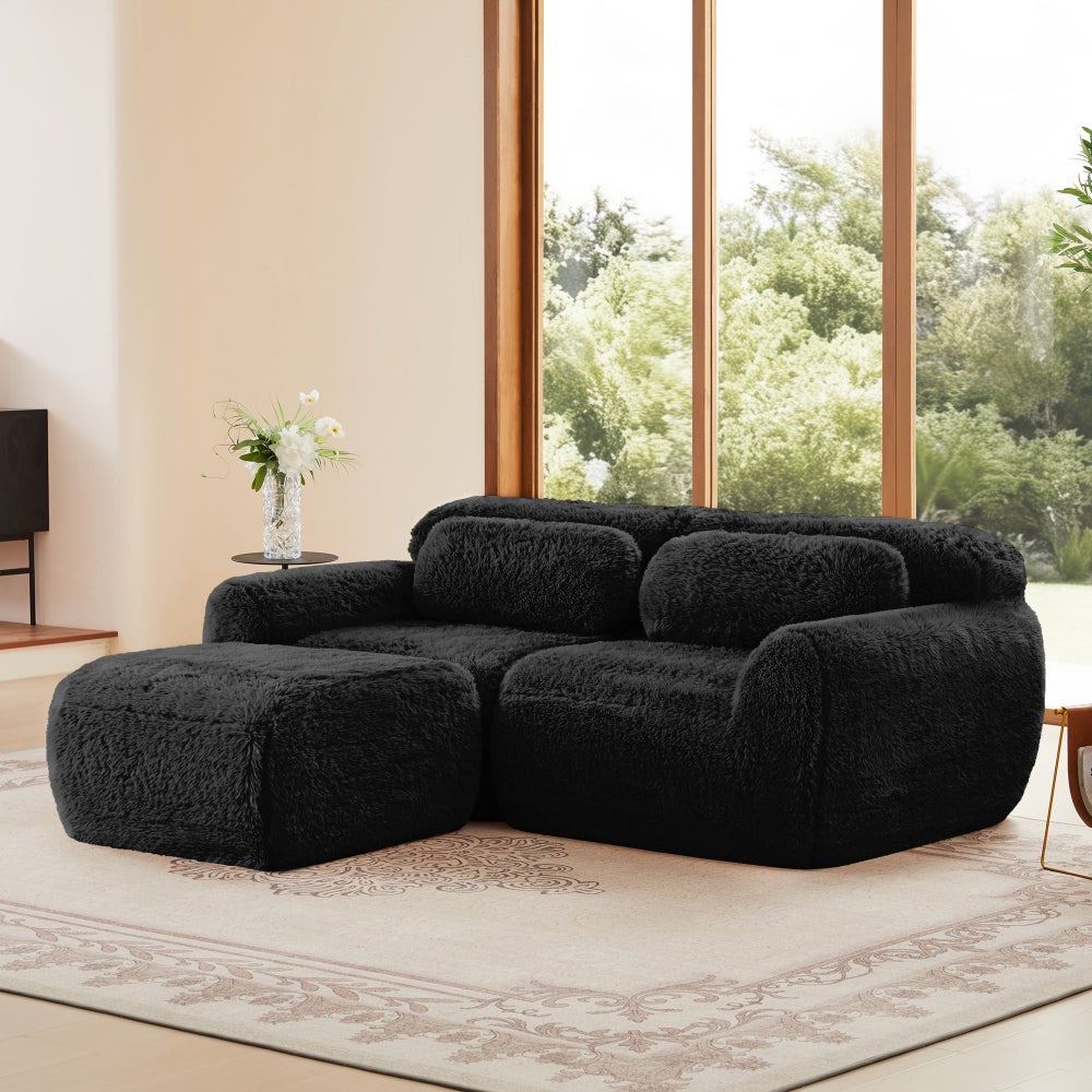 Sofa narożna, w kształcie litery L, 2-osobowa, modułowa, pluszowa, do małych pomieszczeń, z poduszkami, czarna