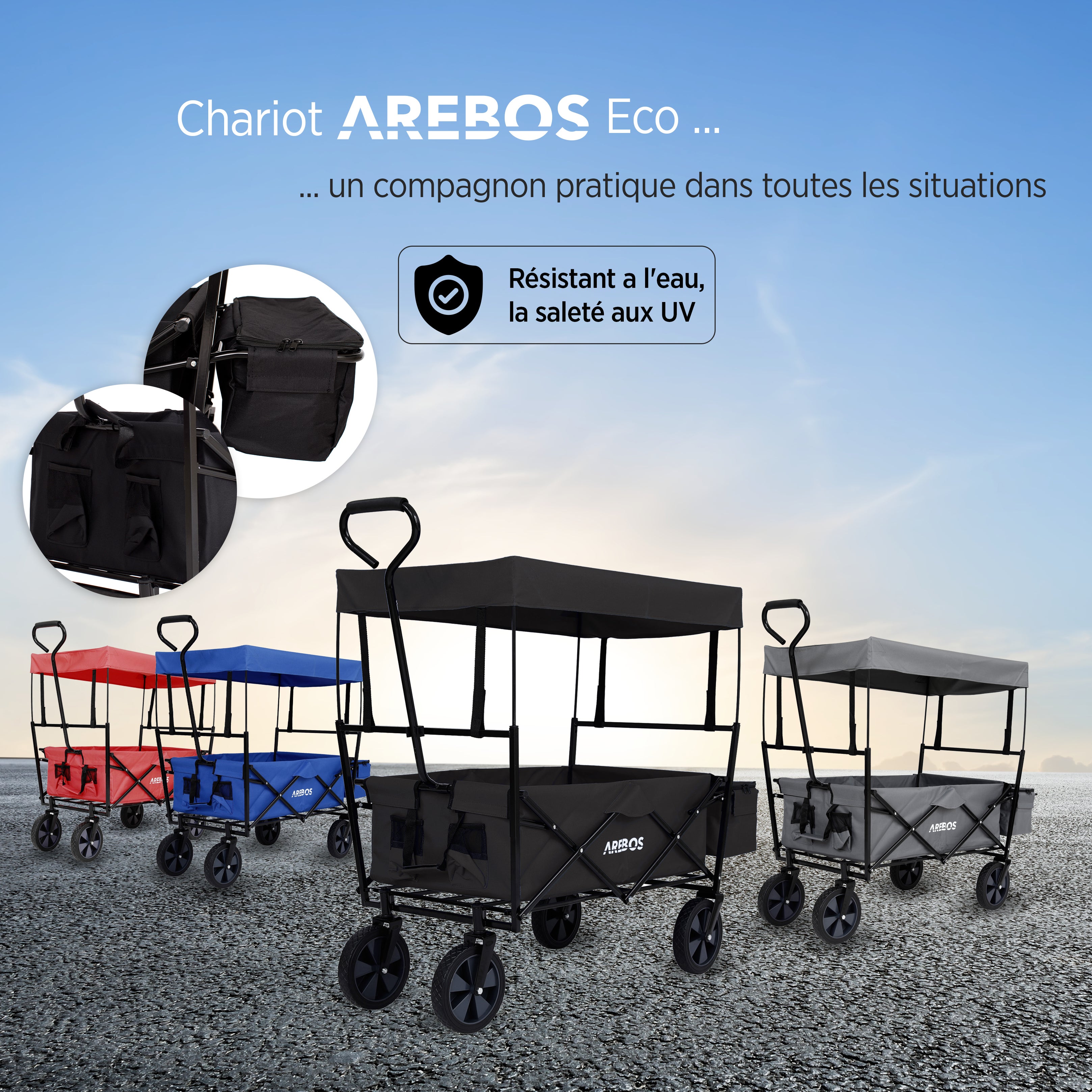 AREBOS Chariot de transport pliable avec toit UV, sac XXL, roues 360°, capacité 70 kg – idéal pour excursions, plage, jardin et loisirs - 5
