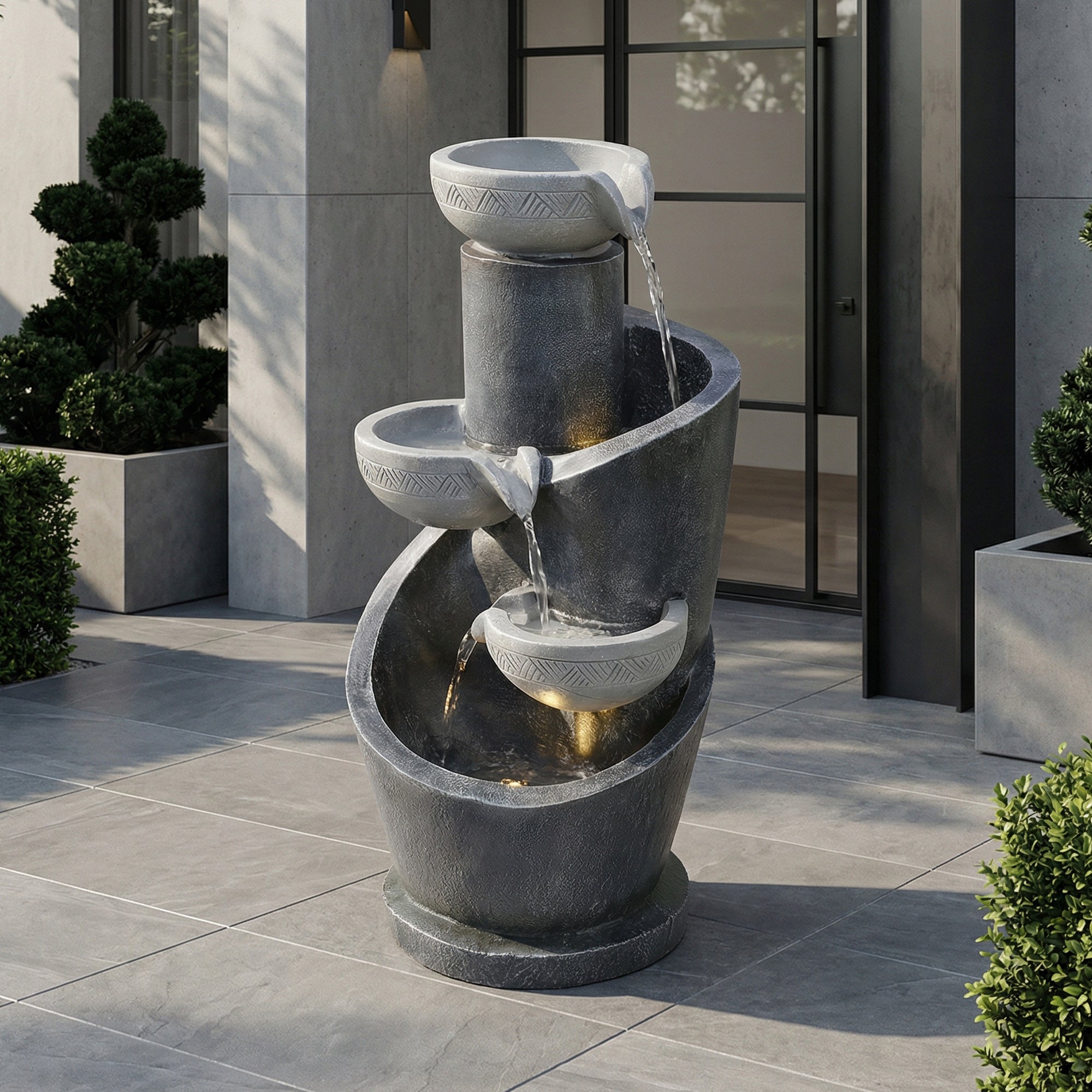 Fontaine de jardin LED décorative avec pompe 4 W - Résine effet pierre naturelle - 25 x 24 x 50 cm - Gris - Idéale terrasse, balcon ou entrée - 3