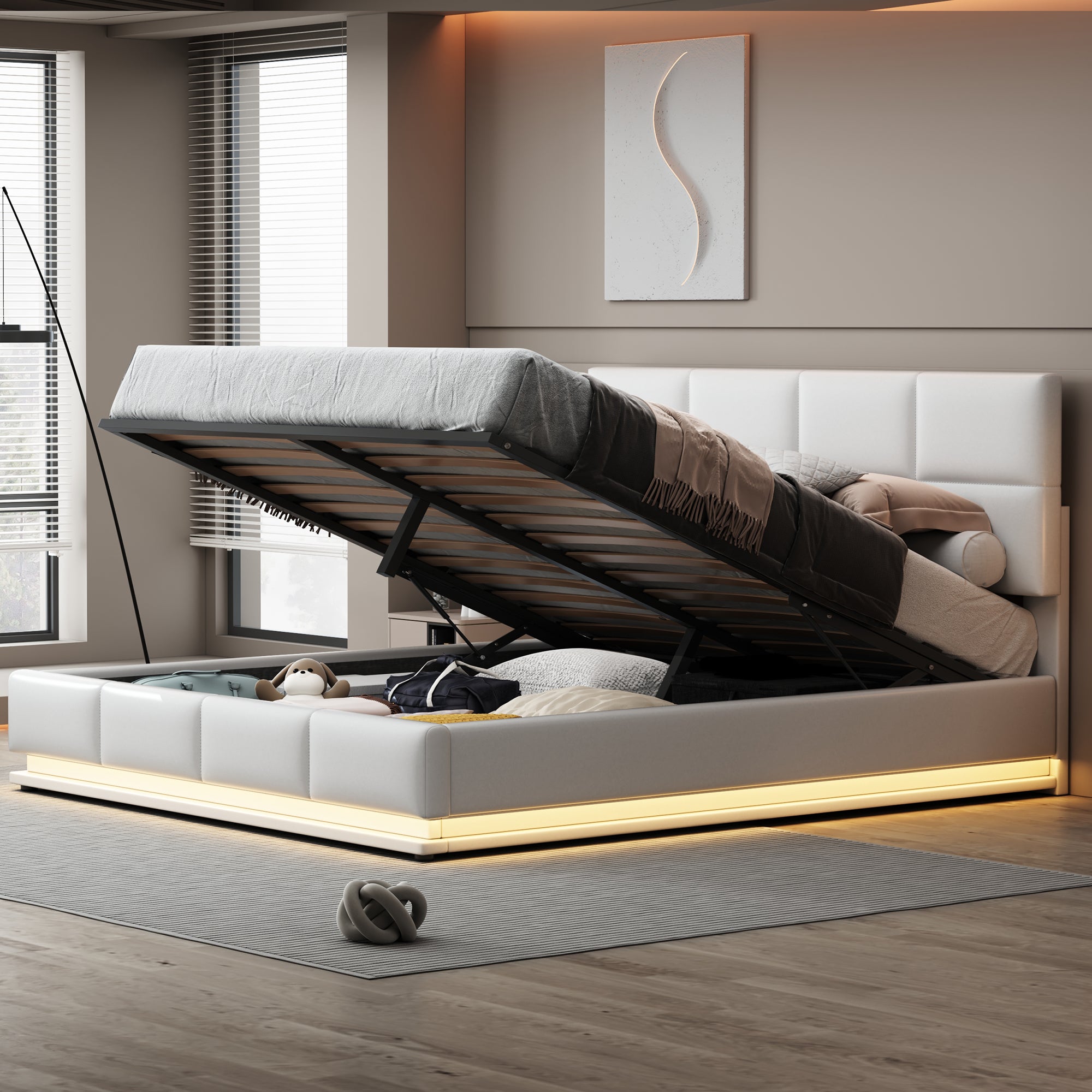 Bett z LED 180x200 cm, podnoszony hydraulicznie, skórzany, biały, 300 kg, 24 laty