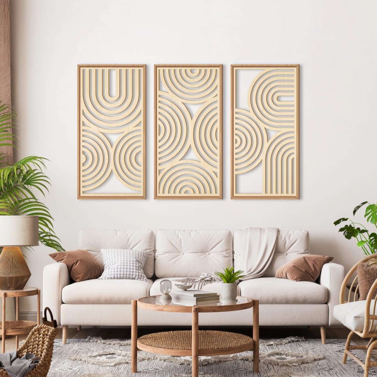 Lot de 3 tableaux muraux bohèmes en bois avec cadre, décoration murale style médiéval moderne, abstrait géométrique minimaliste，40 x 20 cm - 2