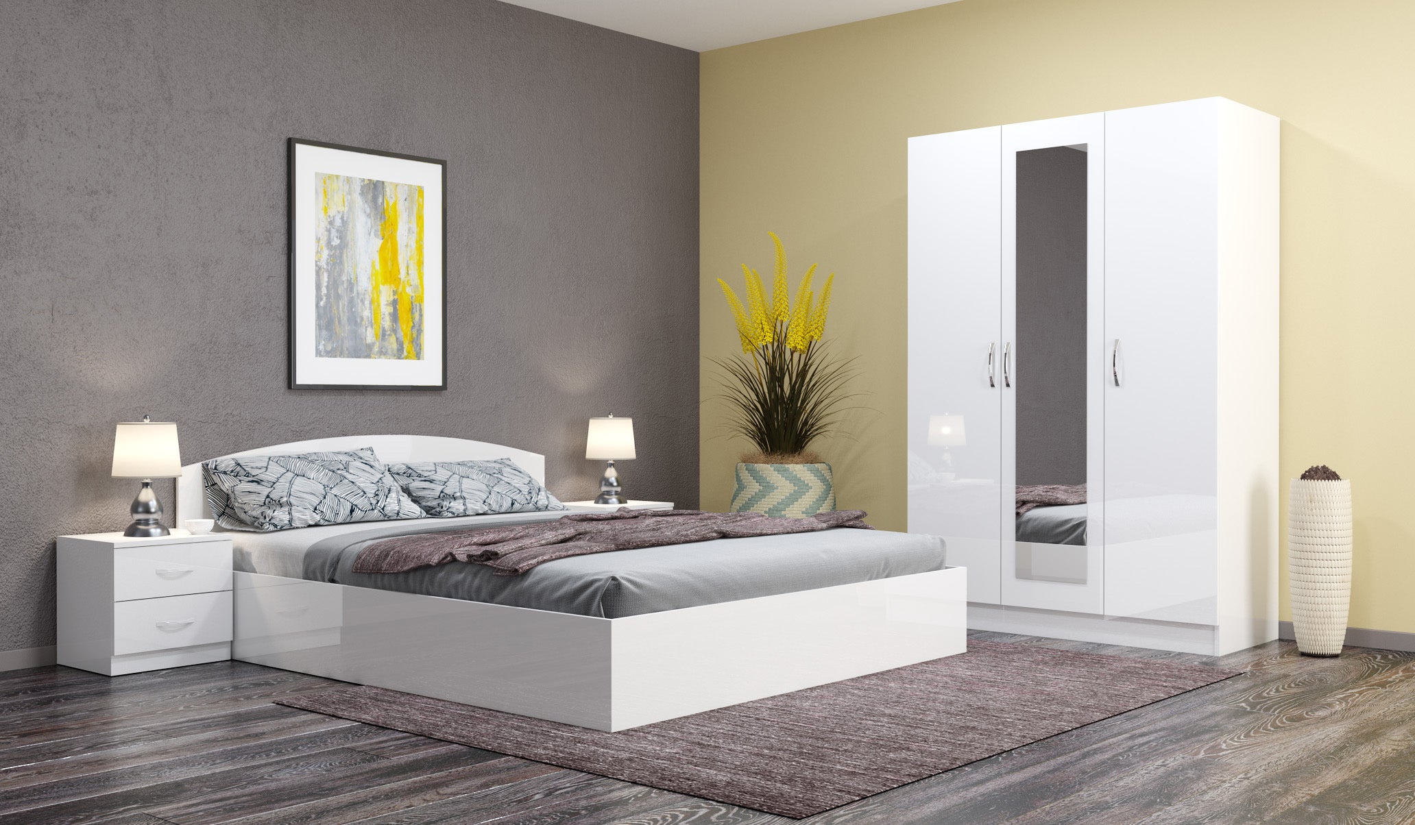 Camera da letto completa 160x200 design moderno effetto laccato bianco lucido CMG39 - 2