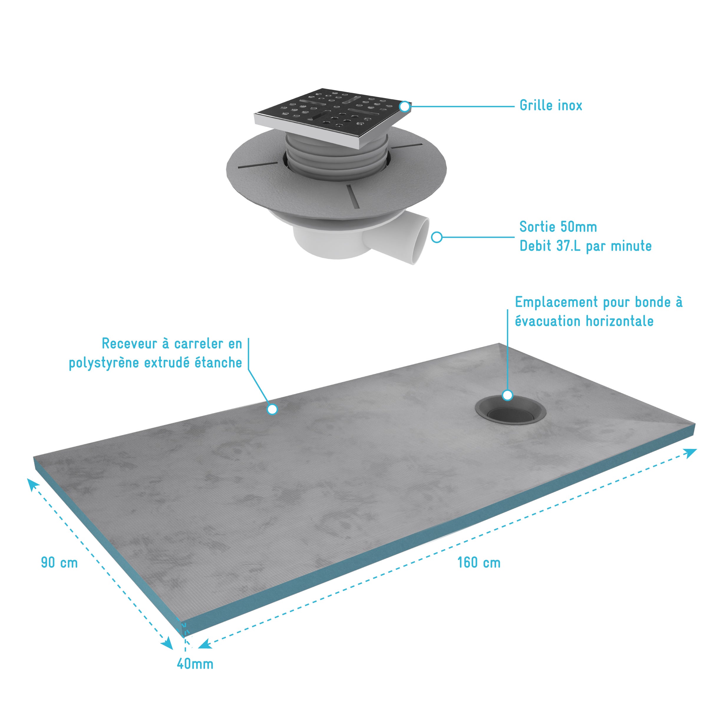 Receveur de Douche à Carreler 90x160 cm avec Bondes à Sortie Horizontale - Grille Inox - 3
