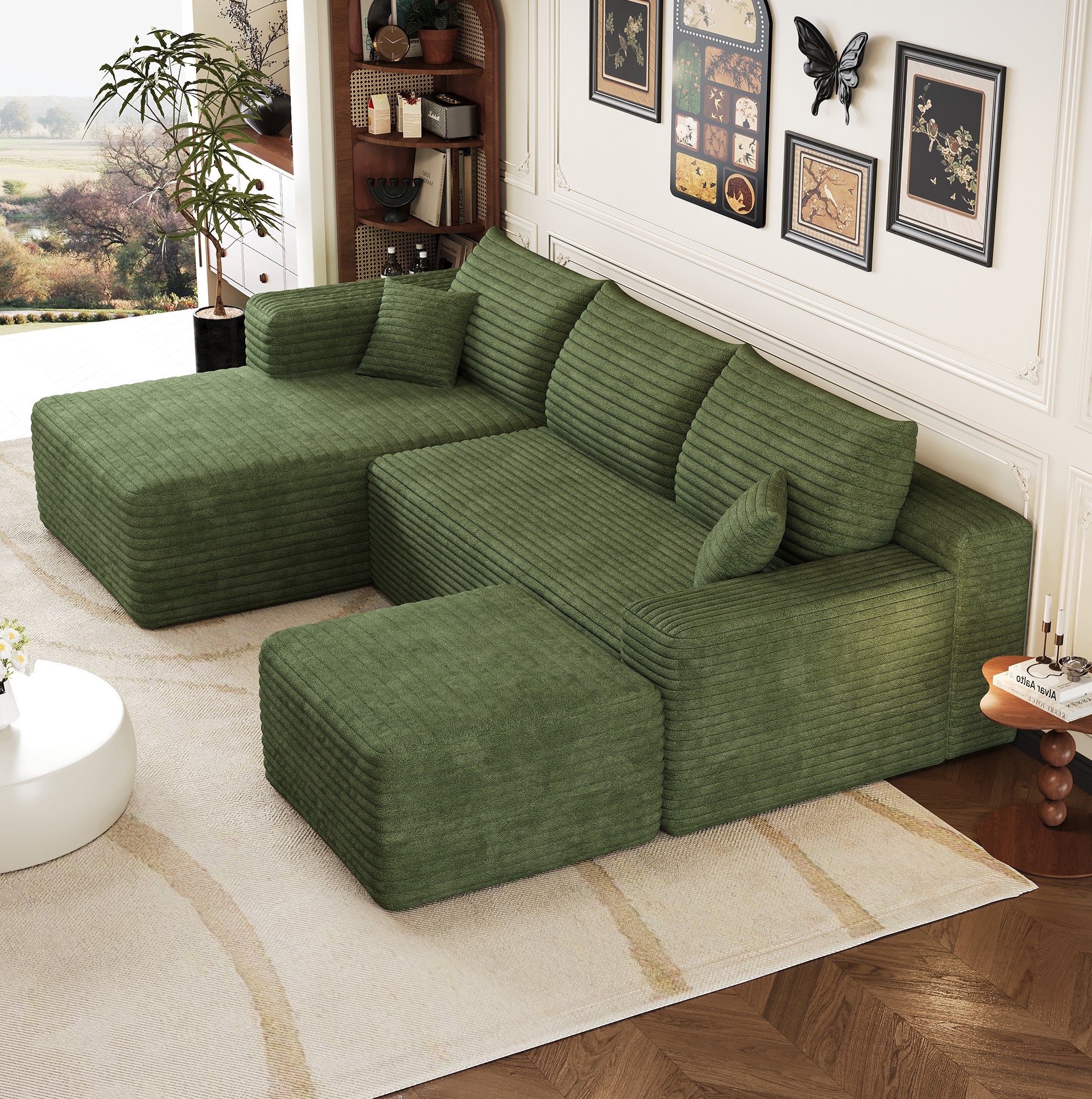 Canapé d'angle 4 places en tissu velours côtelé vert, mousse, 241 × 151 × 58 cm - 3