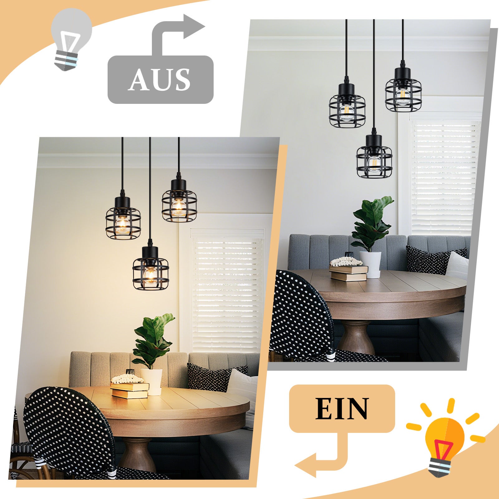 ZMH Lampa wisząca do jadalni w kolorze czarnym, 3-punktowa, E14, do kuchni lub kawiarni (żarówka nie jest dołączona) - 4