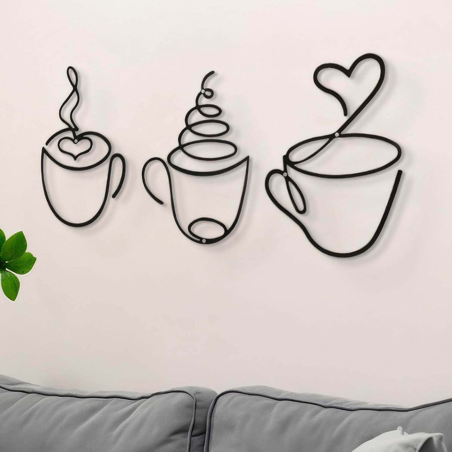 3 Pièces Décoration Murale Métal, Noir Tasse à Café Tableau Decoration Murale, Minimalist Ligne Art Mural Déco - 3
