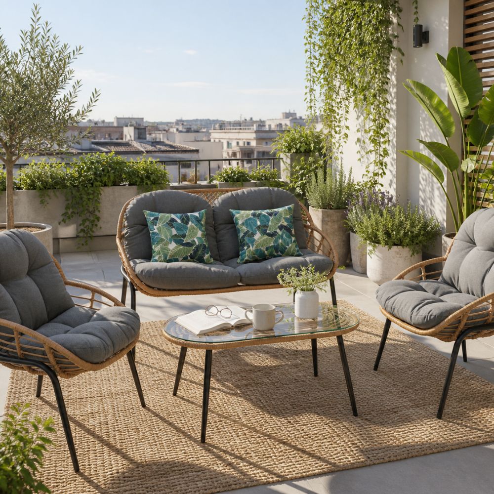 Salon de jardin 4 places avec canapé, fauteuils et table basse avec coussins en rotin synthétique tressé à la main Ensemble de mobilier - 6