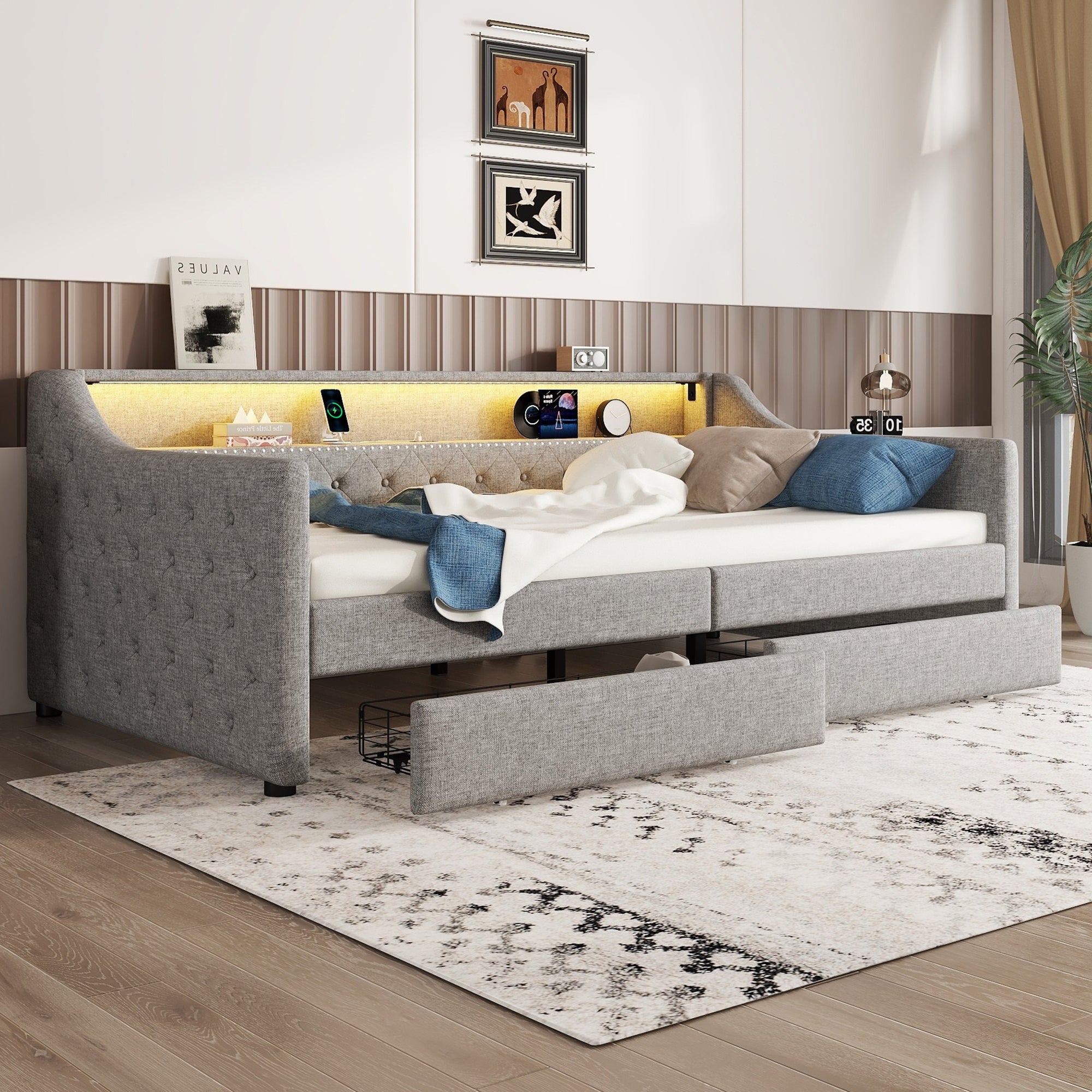 Daybed 90x200 cm - Poduszkowiec i 2 szuflady do przechowywania - Tkanina i MDF - Oświetlenie LED atmosferyczne - USB - Szary
