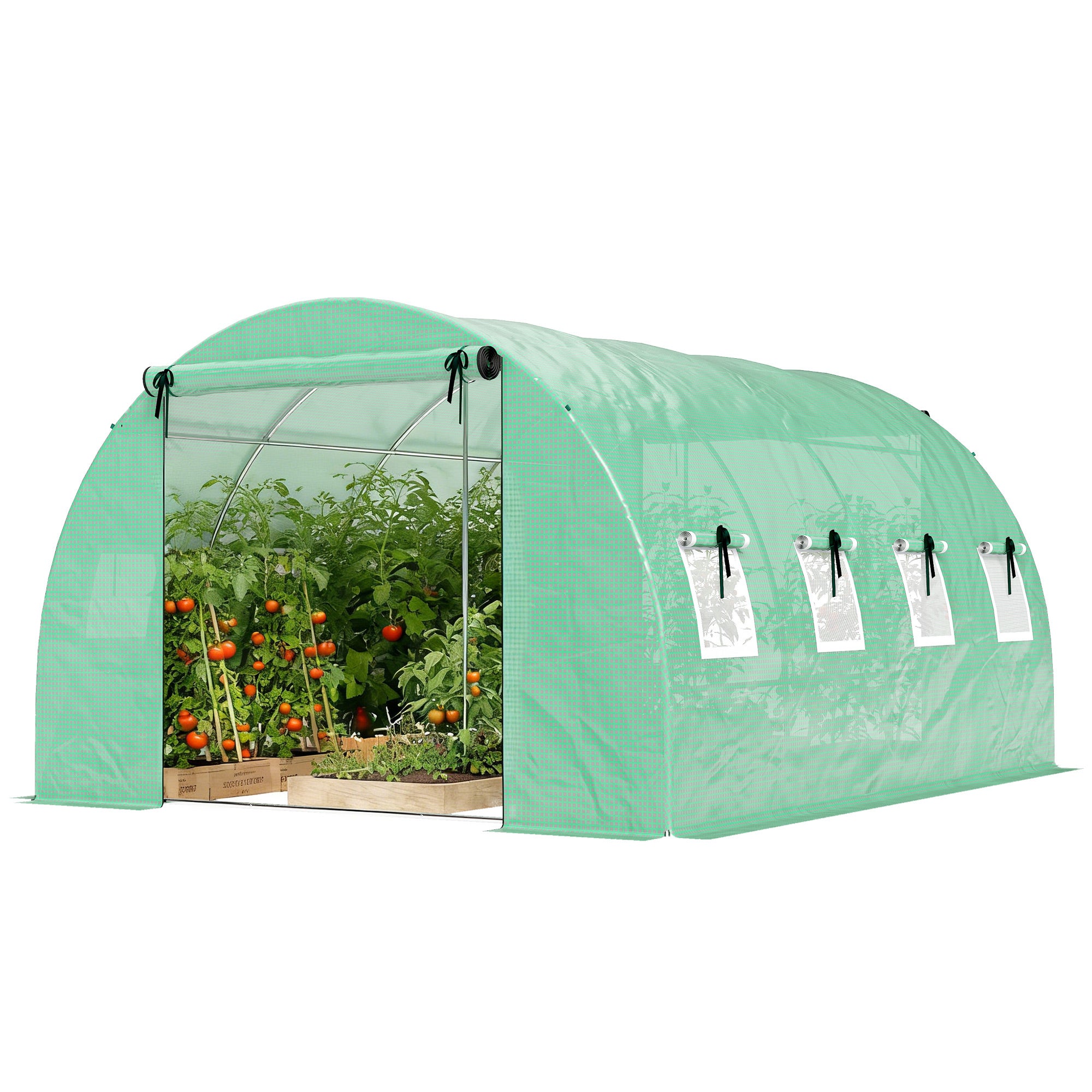 Serre tunnel verte (environ 4 x 3 x 2 m) avec côtés enroulables, 2 portes à fermeture éclair et 8 fenêtres en filet + barres de support - 2