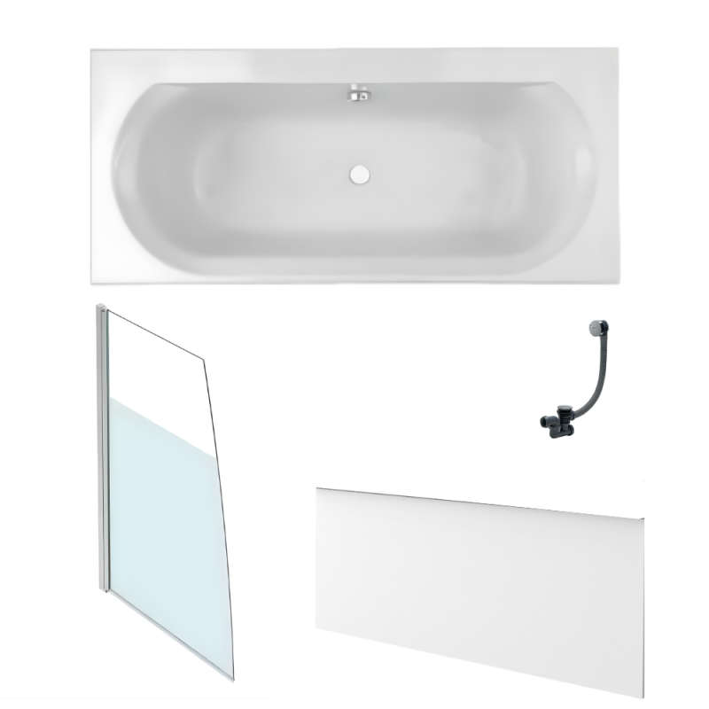 Bañera acrílica elise de 180 x 80 cm (lado derecho) + mampara de bañera con puerta corredera (lado izquierdo) + faldón de nicho + desagüe