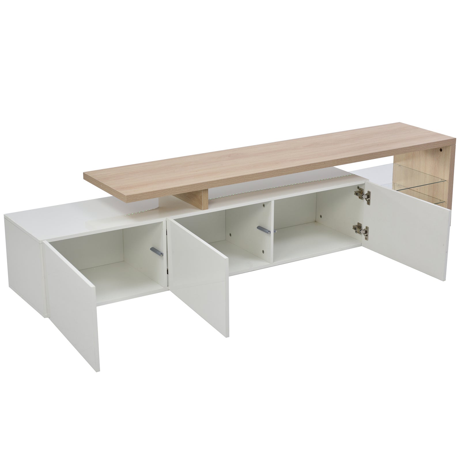 Meuble TV 200 cm, Support pour Téléviseur 75 Pouces, lumières LED variables, design 3 portes, étagères verre, Cadre en Bois, 200x39x42 cm - Blanc - 9
