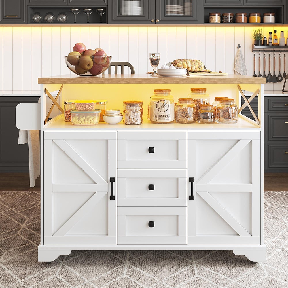 Carro de cocina con mesa plegable e iluminación led, soporte para aperitivos, mesa de comedor con espacio de almacenamiento, blanco