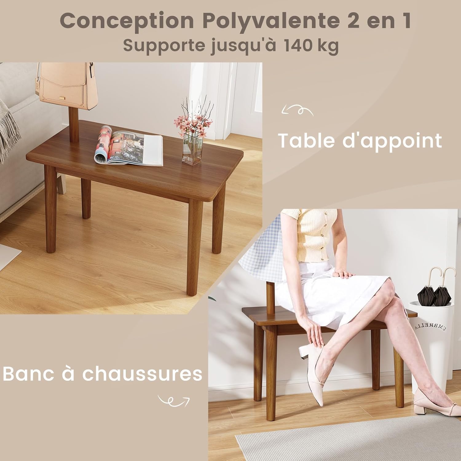 Perchero Multifuncional COSTWAY Con Mesa Y Zapatero - Madera Maciza, 3 Ganchos, Capacidad De Carga 150 Kg, Color Marrón