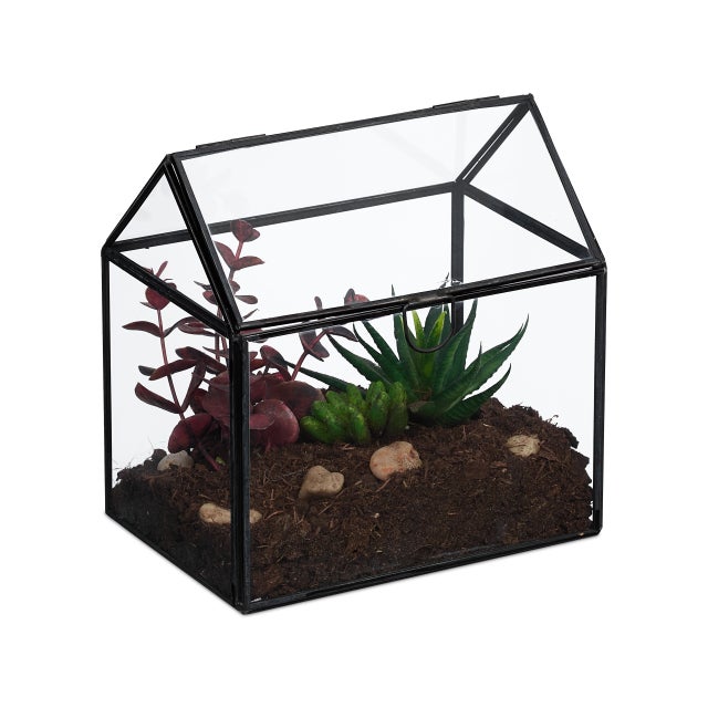 Terrário plantas, vidro e estanho, estufa decorativa para cactos e musgo, caixa de vidro para janela, preto, Relaxdays