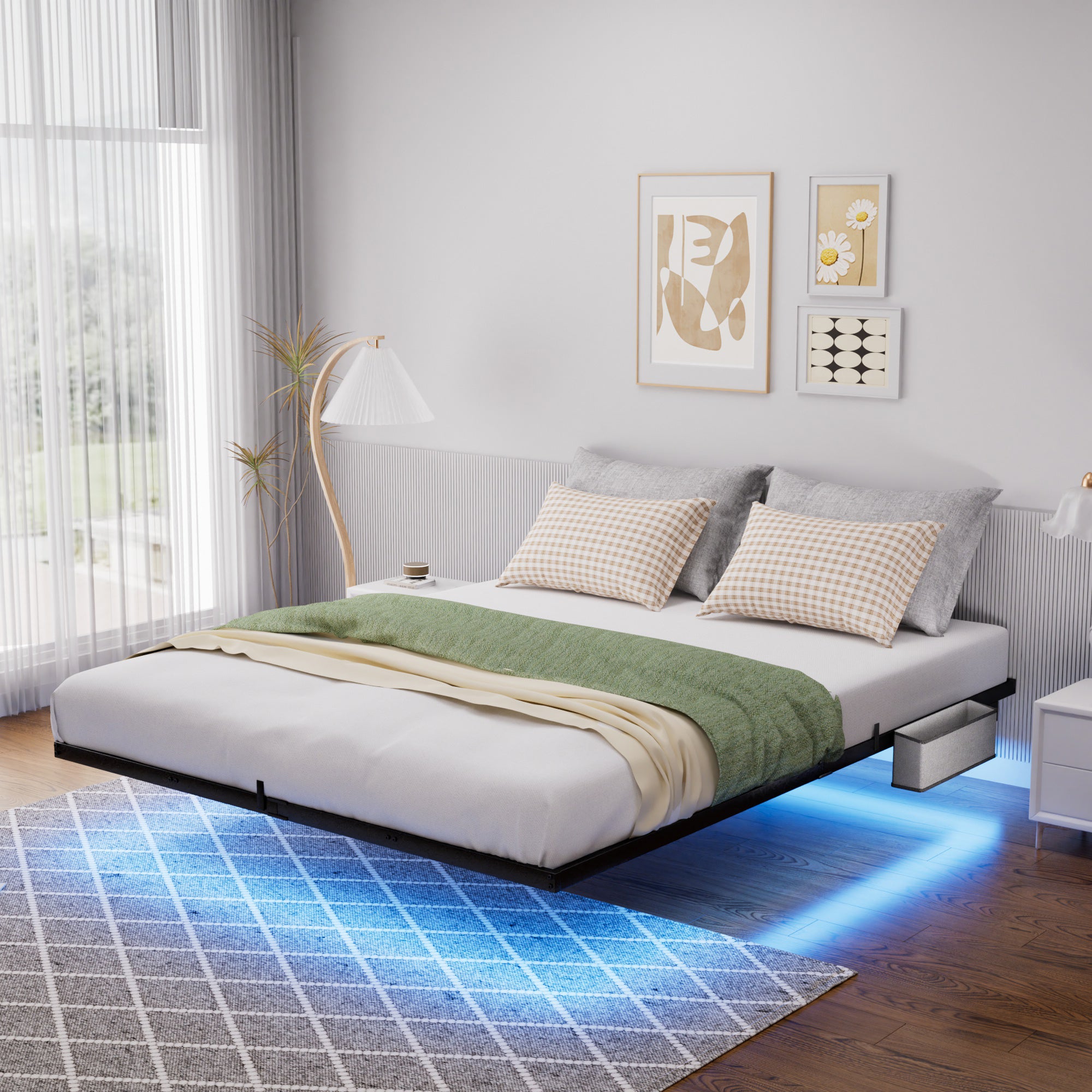 Lit flottant en métal 140 x 200 cm avec éclairage LED, sommier à lattes métallique, éclairé, noir - 2