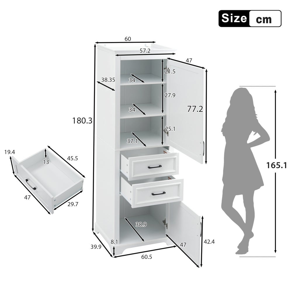Armoire de salle de bain 60x40x180 cm en MDF blanc avec 2 tiroirs, 2 placards, étagères réglables et charnières soft-close - 5