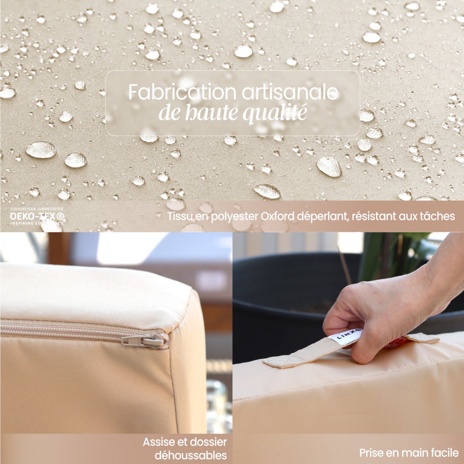 Linxor - Kit de coussins pour salon de jardin déhoussables - 60 x 60 cm - Beige - 3