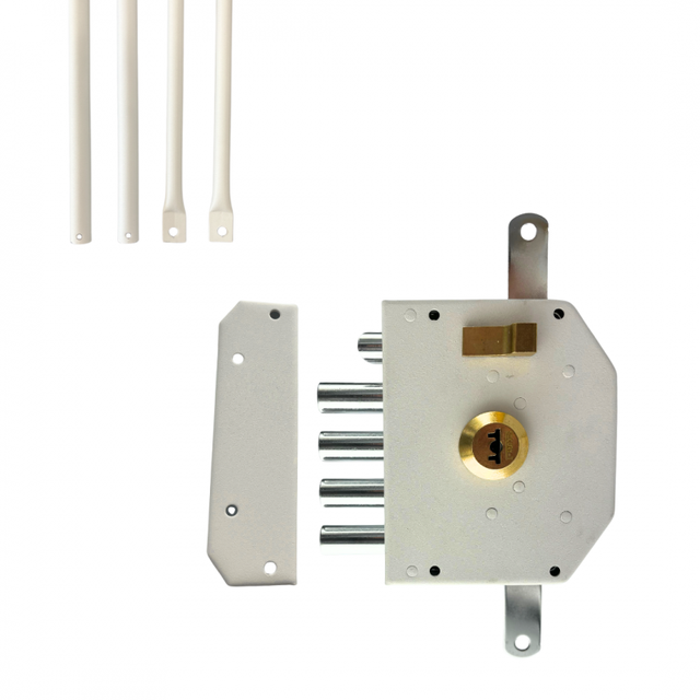 Serrure de sûreté pour porte d'entrée avec tringles - En Applique - 6 points - Blanc - Gauche - Axe 60 mm - 5 clés - SECURY-T