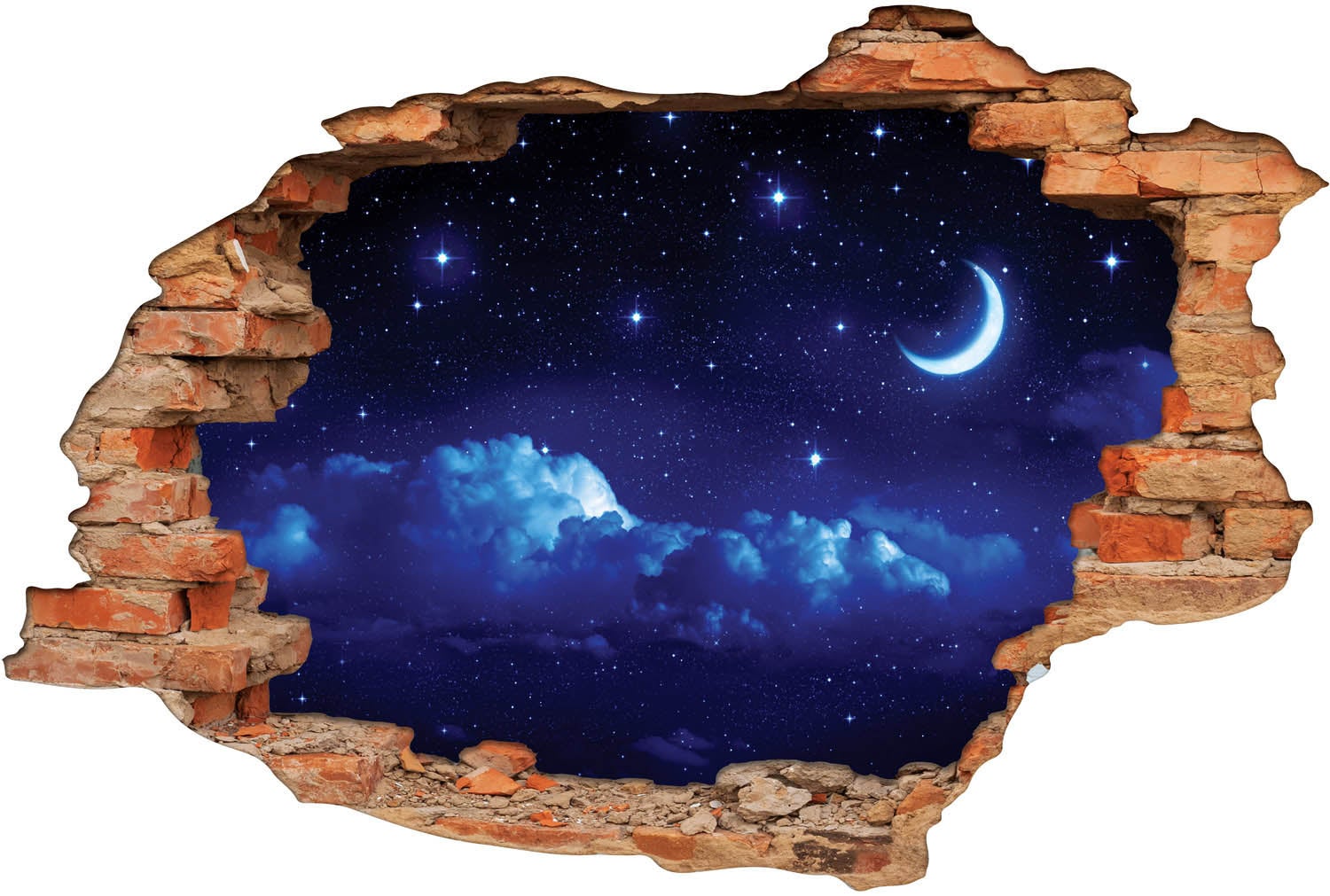 Stickers Trompe l'oeil trou dans le mur - Ciel Nuit - Pierres grises - Hauteur 60 x Largeur 90 cm - 2
