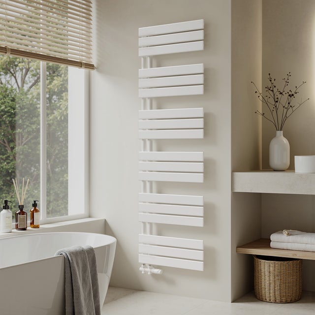 Sèche-serviettes eau chaude 794 W, 159,9 × 50 cm blanc, tubes plats en acier, raccordement central - S'AFIELINA