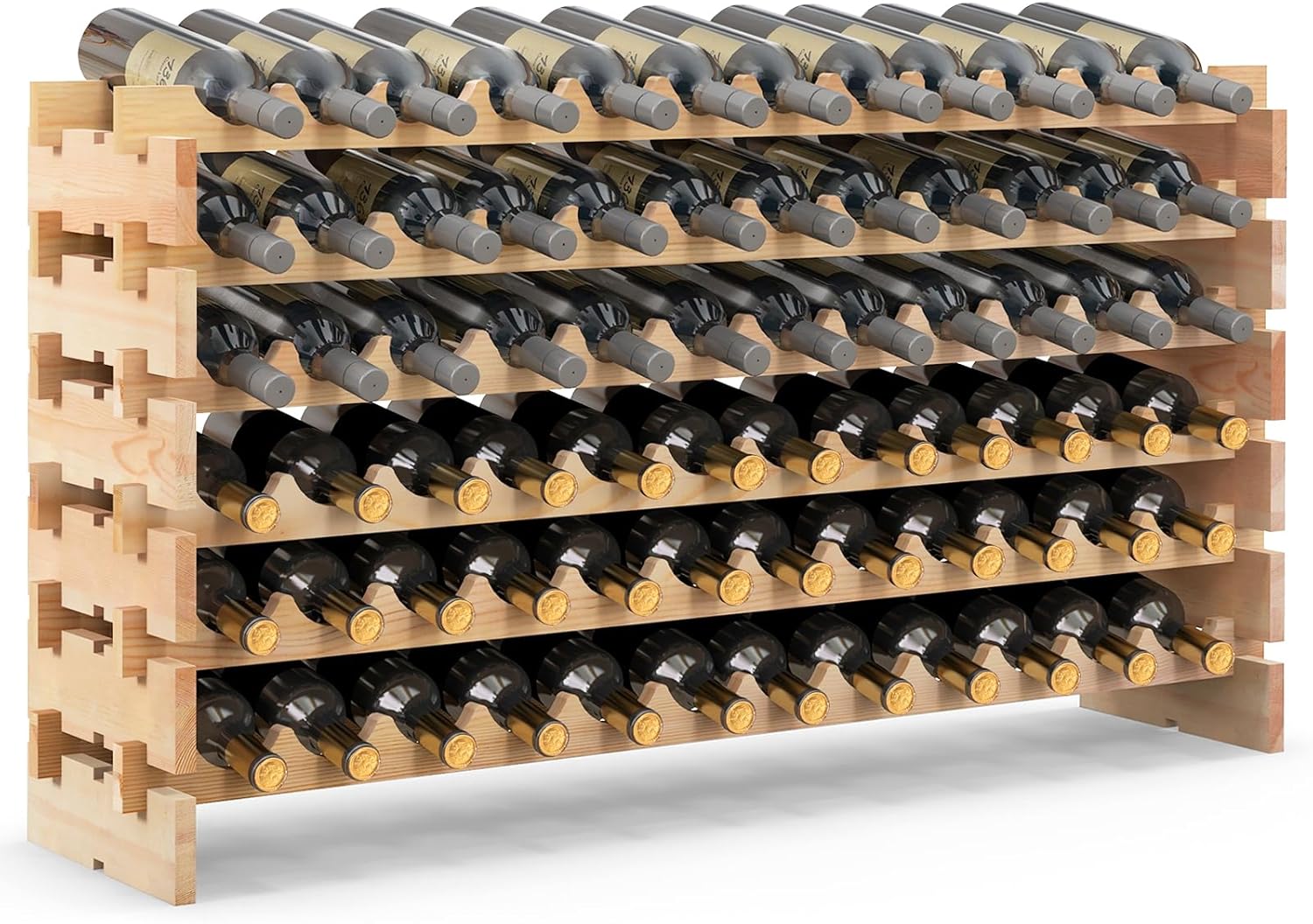 Regał na 72 Butelki, Stojak na Wino z 6 Regałami, Regał na Butelki z Litego Drewna Sosnowego, 119 × 29 × 71,5 cm, Naturalne Drewno