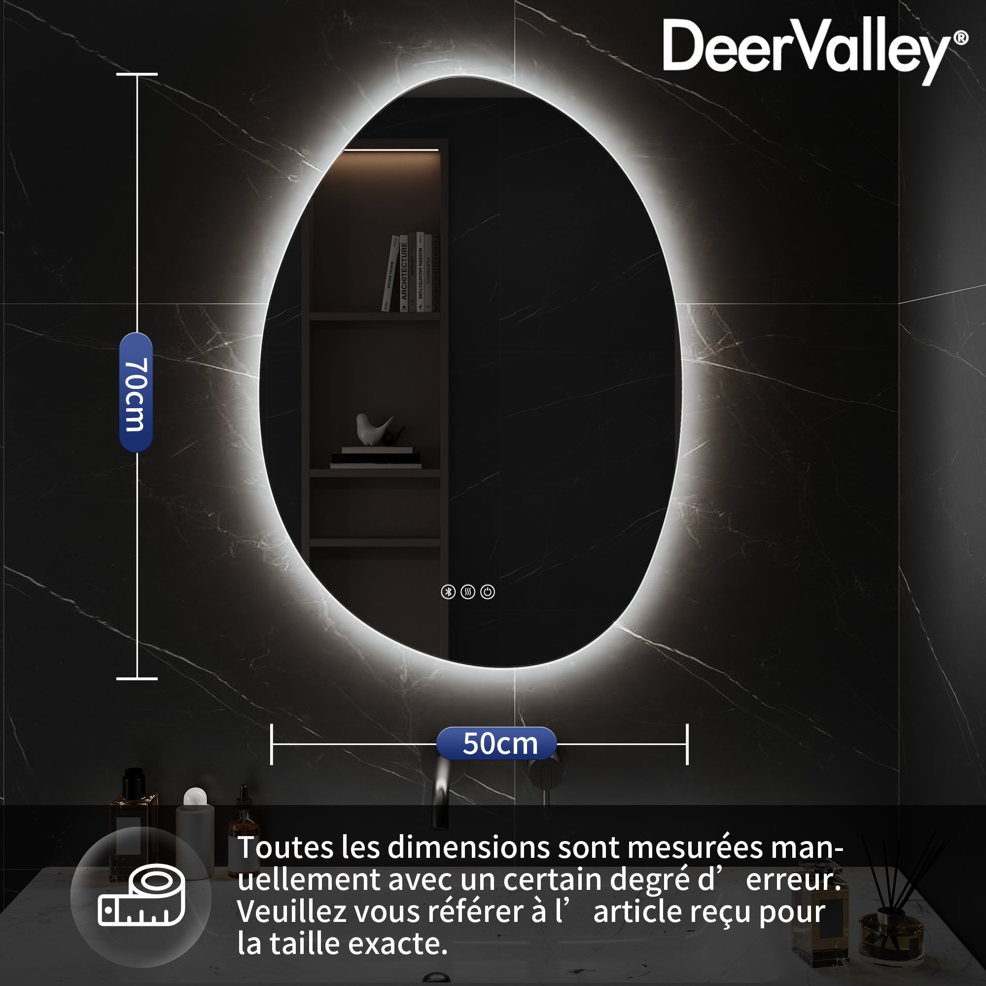 Miroir de Salle de Bain LED 50x70cm – Anti-buée, Bluetooth, 3 couleurs 3000K-6000K – Miroir lumineux salle de bain variateur & mémoire - 2