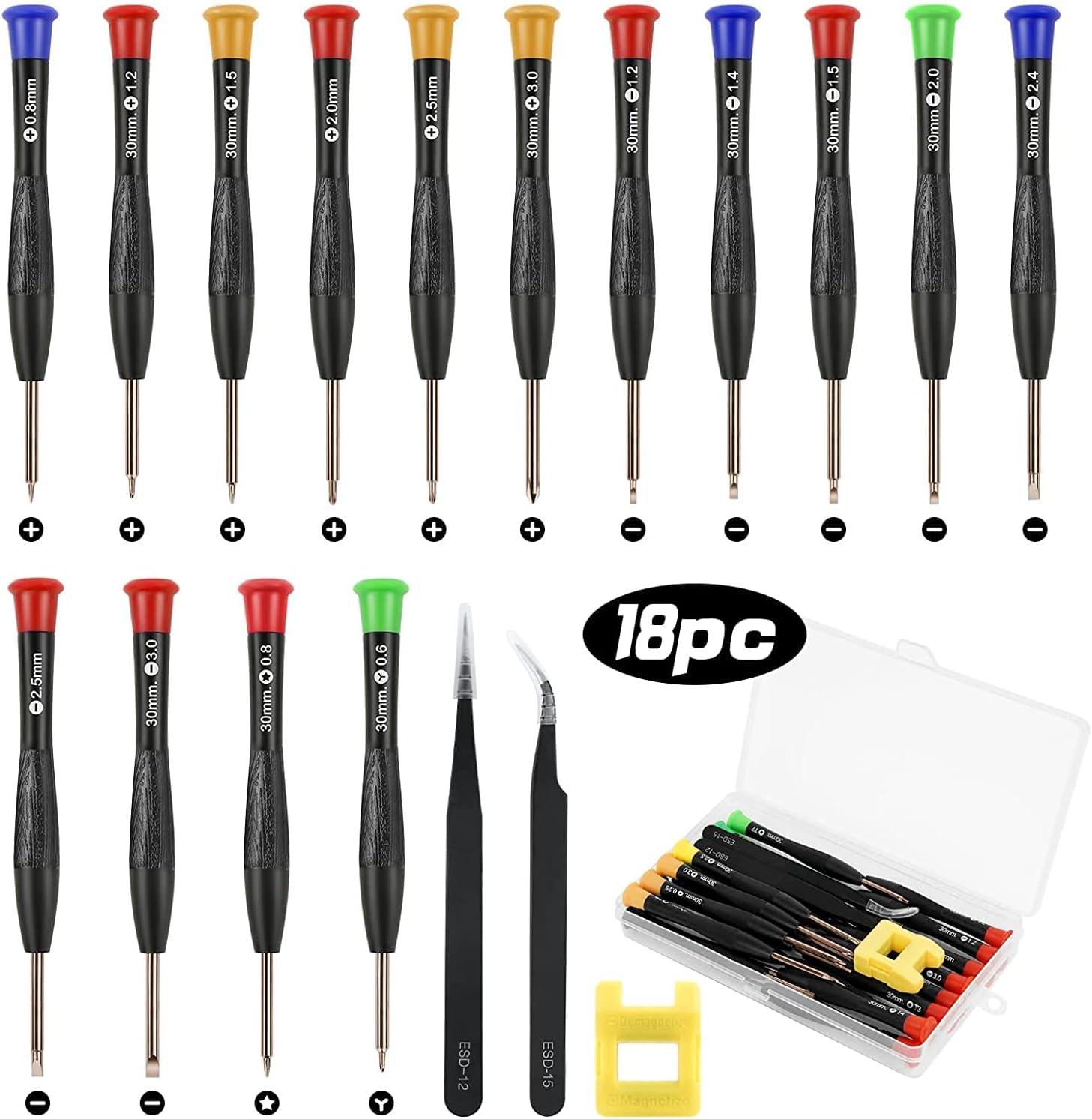 18 sztuk mini śrubokrętów, śrubokręt precyzyjny do naprawy okularów, PC, PS4, zegarków, biżuterii, okularów, telefonu, 2 pęsety, magnetyzer i pudełko