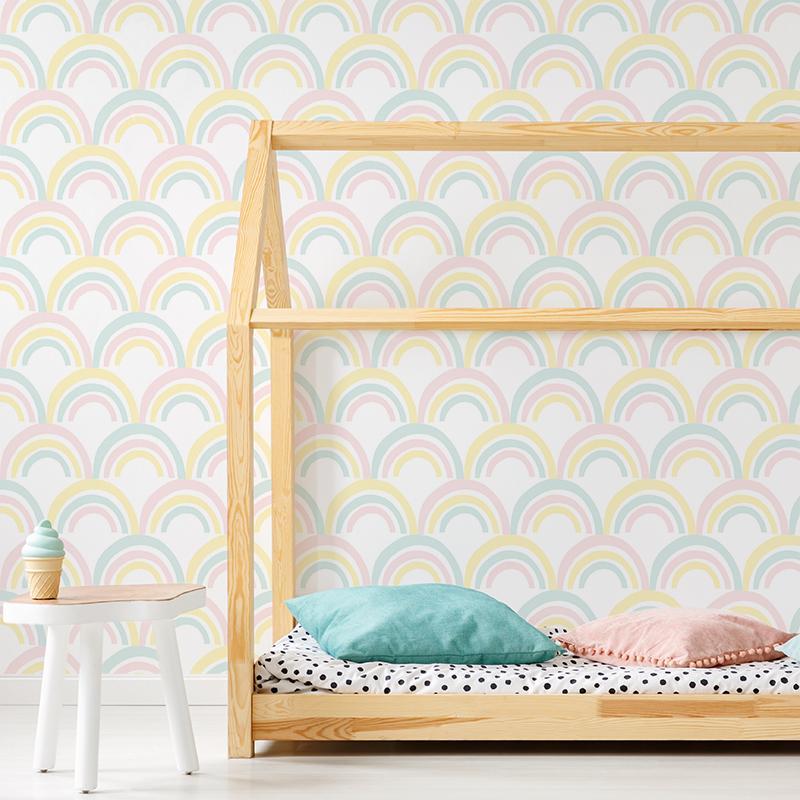 Papel pintado infantil adhesivo arcoiris menta amarillo y rosa lavable y removible - 1 rollo 50x300 cm - decochic