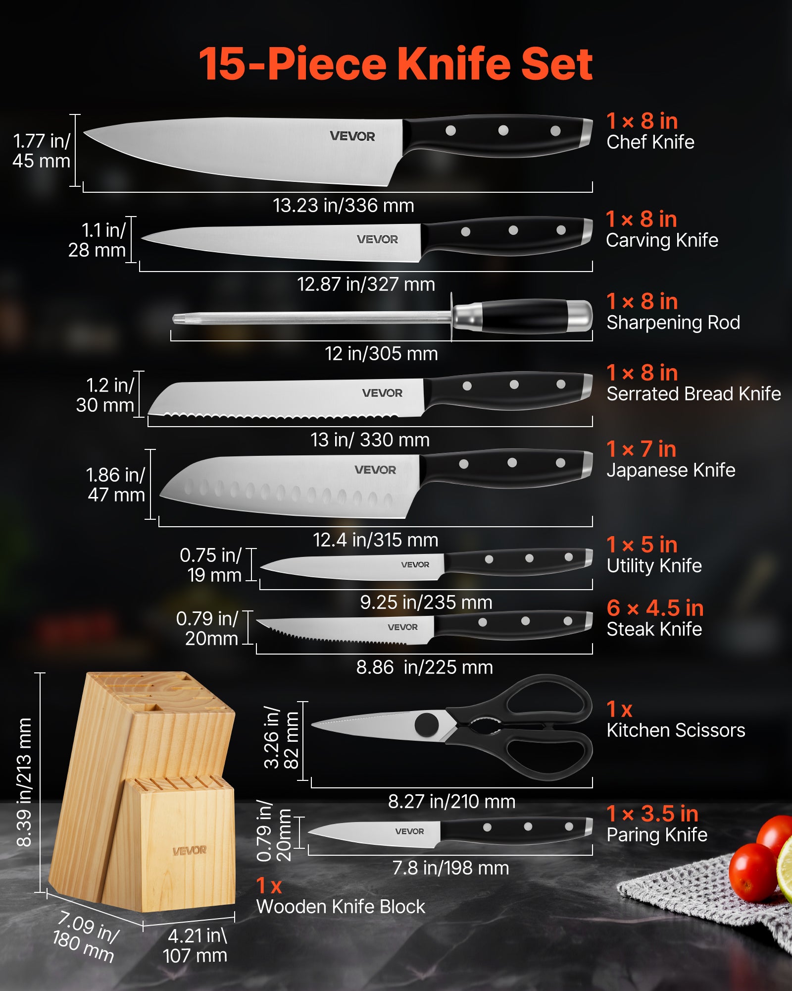 Set Couteaux Cuisine VEVOR avec Bloc et Aiguiseur 15PCs, en Inox à Haute Teneur, Coutellerie Cuisine avec Manche Ergonomique, pour Cuisinier Amateurs - 2