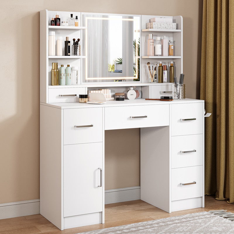 Coiffeuse avec Miroir LED, 3 Couleurs, Meuble de rangement, Coiffeuse de chambre, 7 tiroirs 1 porte, Style Moderne, 110x40x140 cm, 7 Étagères, Blanc - 2