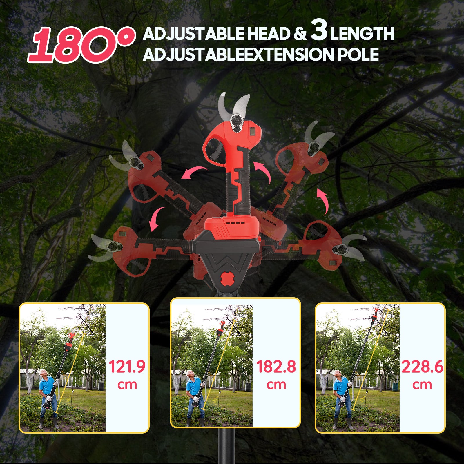 Sécateur Électrique Sans Brosse 21V 300W, 3 Modes, Batterie 2x2Ah, Tête 180° & Perche Télescopique - 8