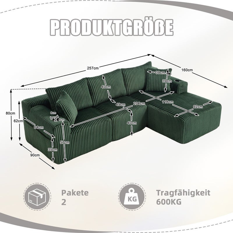 Canapé 3 places 200 cm en velours côtelé,canapé convertible modulable ...