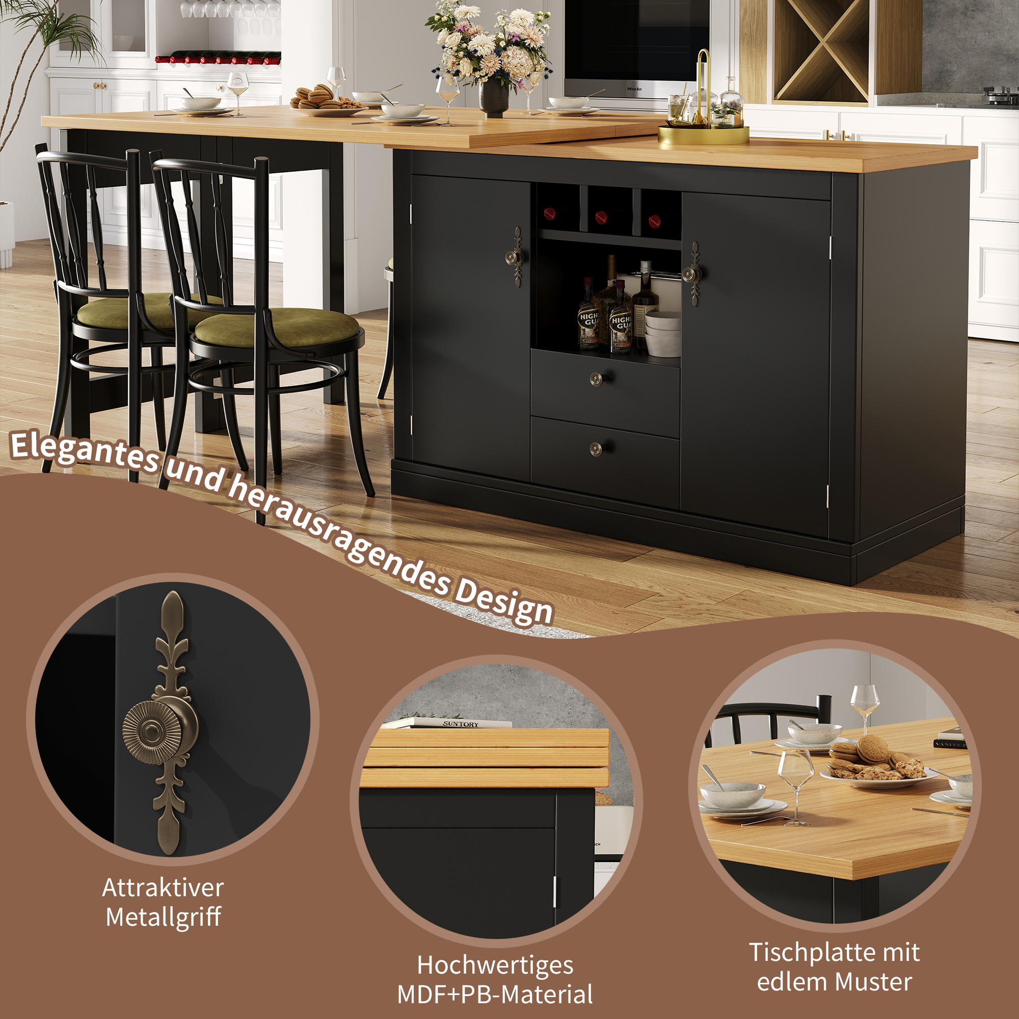 Rozkładany obrotowy stół jadalny z 2 drzwiami i 2 szufladami, wyspa kuchenna - 120-180 x 40 x 71,5 cm - MDF - Czarny + naturalny - 6