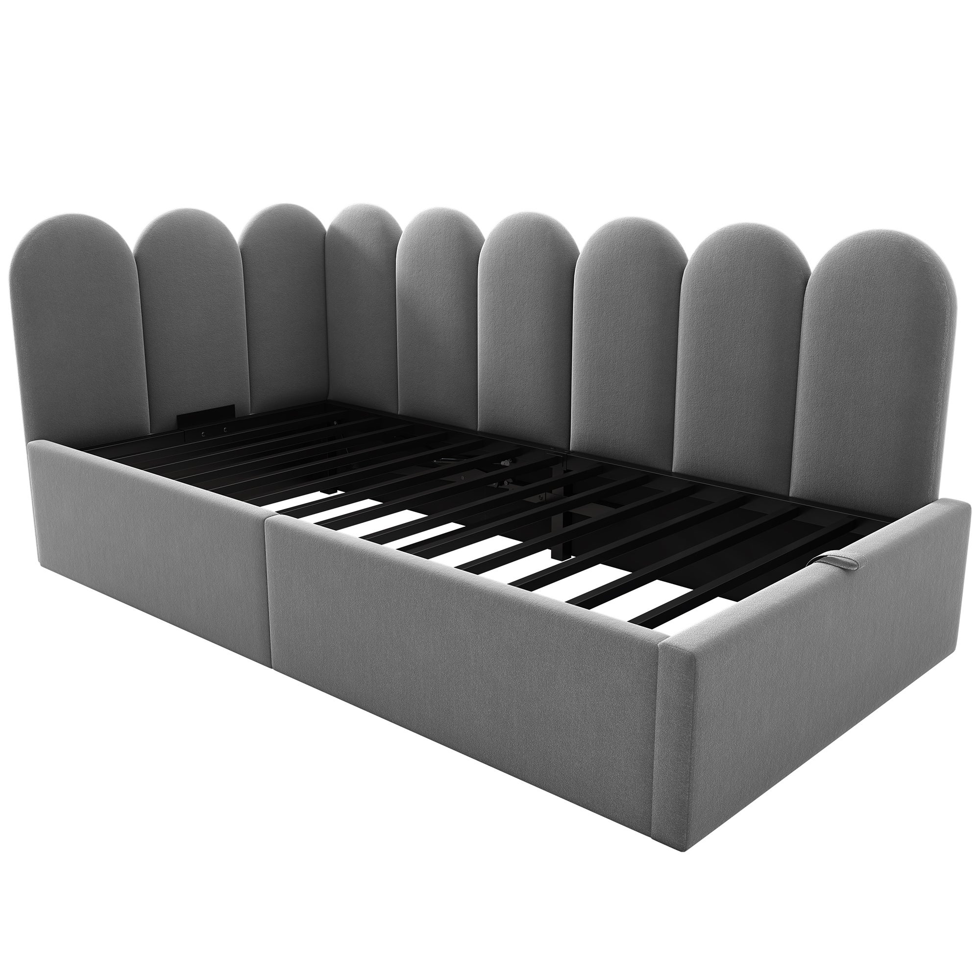 Rozkładana sofa 90 x 190 cm, z hydraulicznym schowkiem, metalowa, aksamitna, szara - 5