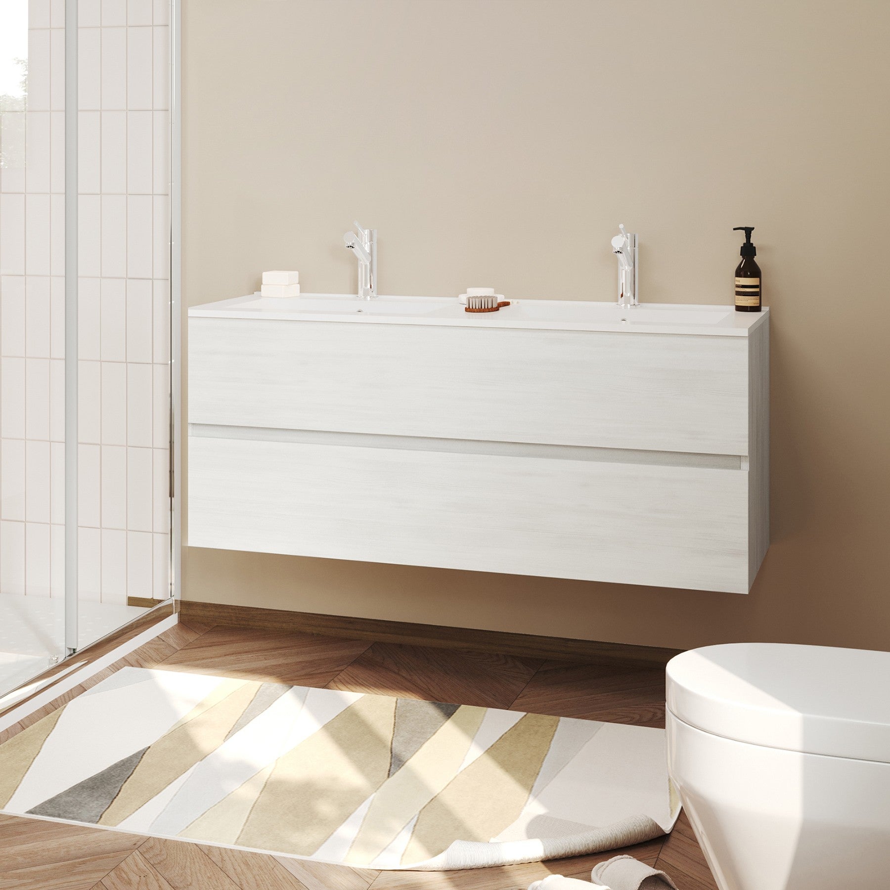 EASY Meuble salle de bain double vasque 2 tiroirs Chêne clair largeur ...