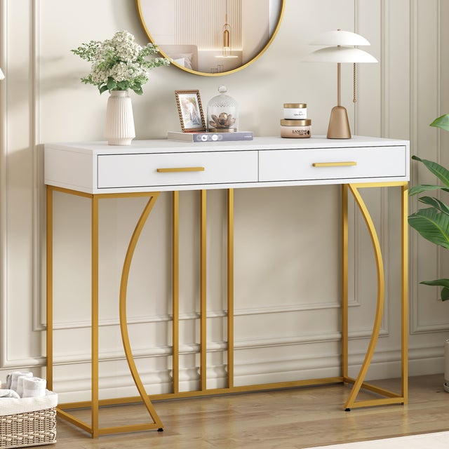 Mogou Tavolo Consolle Da Ingresso Con 3 Cassetti - Bianco, Mobiletto Da Trucco O Scrivania, Con Fissaggio A Parete
