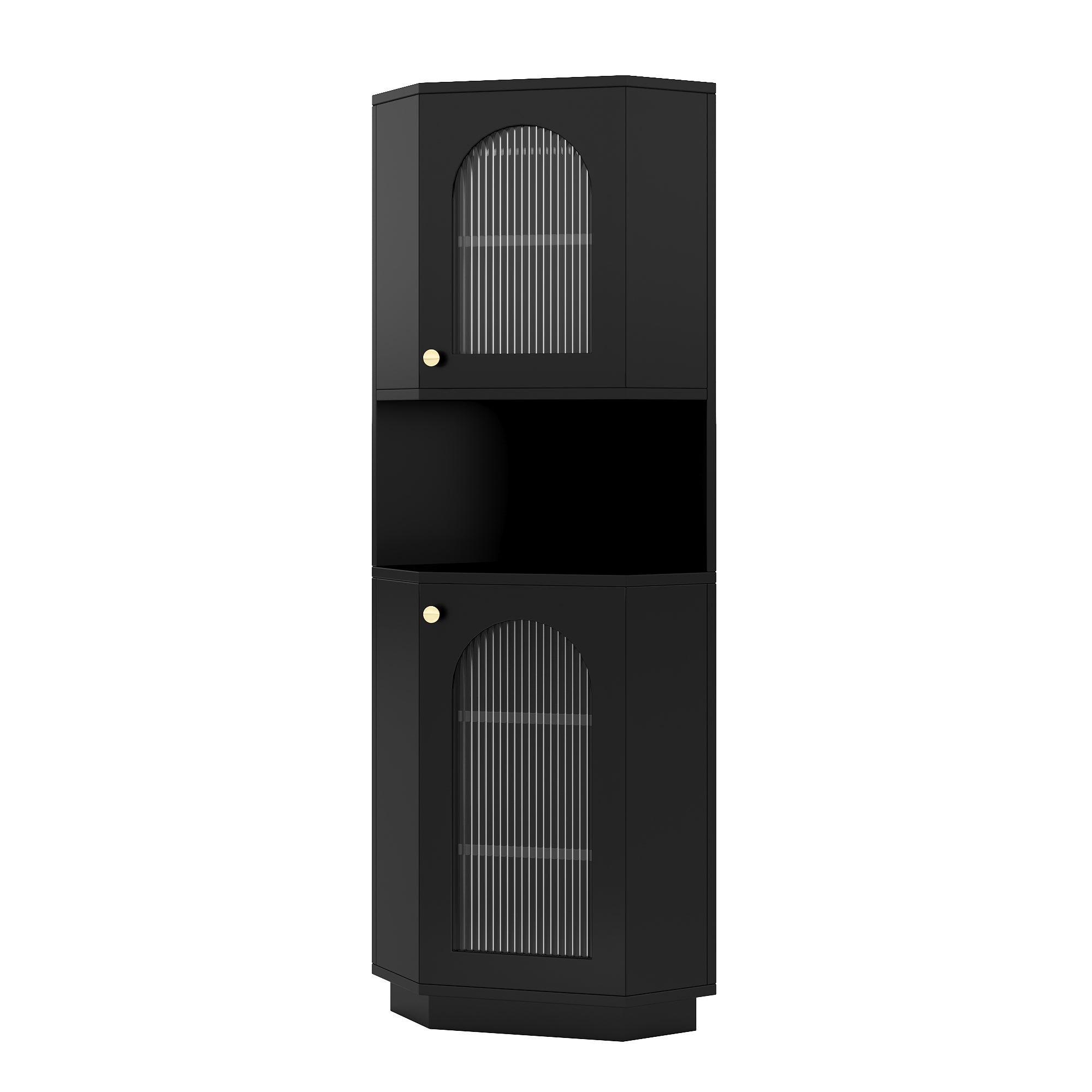Narożna szafka łazienkowa z 2 drzwiami i 1 wnęką - 45 x 45 x 166,5 cm - Diody LED - MDF - Regulowane półki - Czarna - 9
