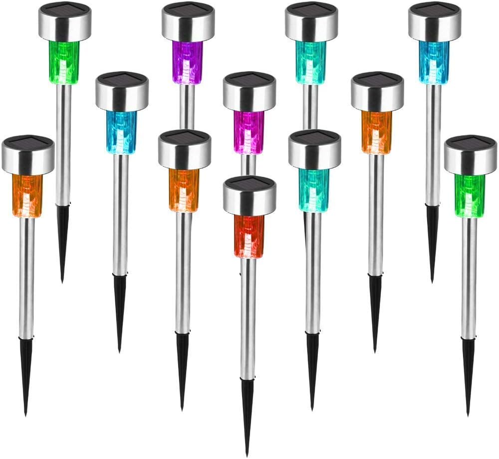 Zestaw 12 wodoodpornych, stalowych lamp solarnych LED do oświetlenia tarasów, trawników i ścieżek (światło kolorowe)
