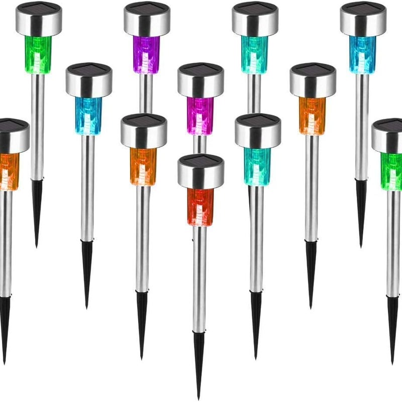 Zestaw 12 wodoodpornych, stalowych lamp solarnych LED do oświetlenia tarasów, trawników i ścieżek (światło kolorowe)